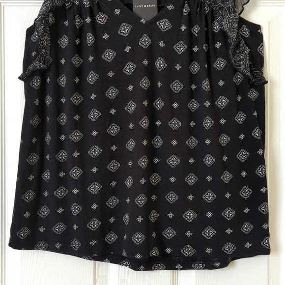 Lucky Brand Bohemian Printed Flutter Cap Sleeve Relaxed V-neck Blouse Black S - Picture 7 of 10